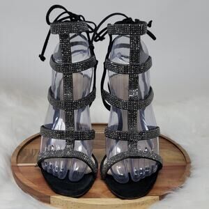 Schutz Black Strappy Jeweled Heels 4.5" Women's 8B